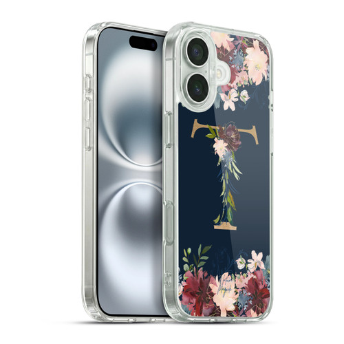 Nature Magick Floral Monogram Gold Navy 2 Letter T Soft Gel Case for Apple iPhone 16 Plus & MagSafe
