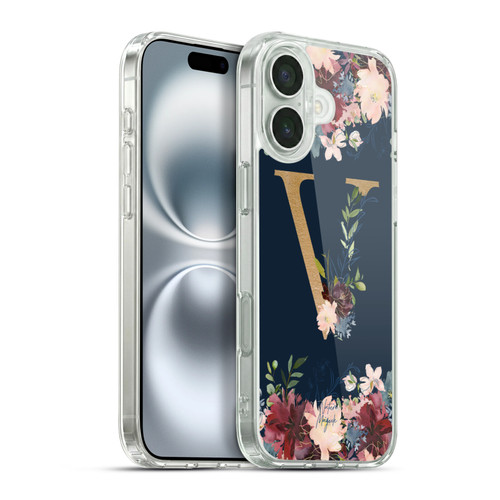 Nature Magick Floral Monogram Gold Navy 2 Letter V Soft Gel Case for Apple iPhone 16 Plus & MagSafe