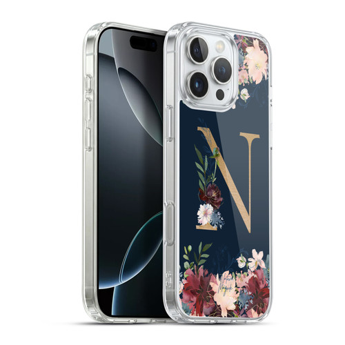 Nature Magick Floral Monogram Gold Navy 2 Letter N Soft Gel Case for Apple iPhone 16 Pro Max & MagSafe