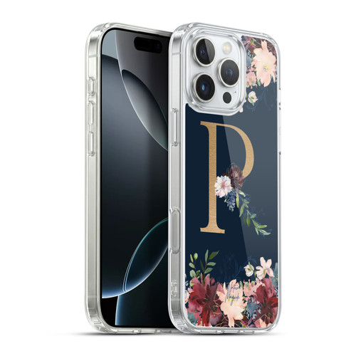Nature Magick Floral Monogram Gold Navy 2 Letter R Soft Gel Case for Apple iPhone 16 Pro Max & MagSafe