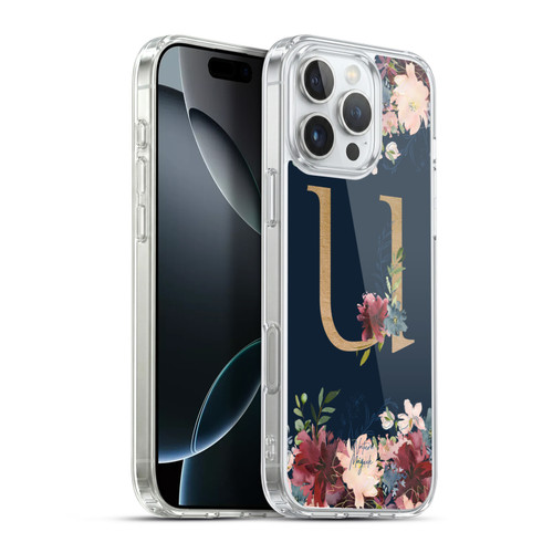 Nature Magick Floral Monogram Gold Navy 2 Letter U Soft Gel Case for Apple iPhone 16 Pro Max & MagSafe