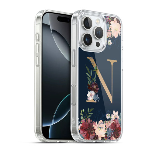 Nature Magick Floral Monogram Gold Navy 2 Letter N Soft Gel Case for Apple iPhone 16 Pro & MagSafe