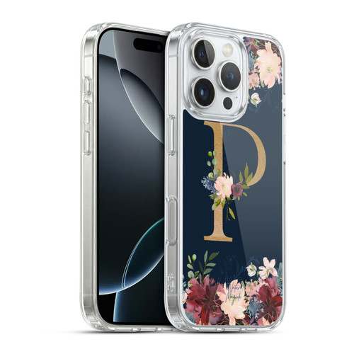 Nature Magick Floral Monogram Gold Navy 2 Letter P Soft Gel Case for Apple iPhone 16 Pro & MagSafe