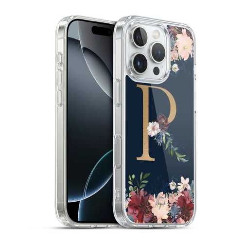Nature Magick Floral Monogram Gold Navy 2 Letter R Soft Gel Case for Apple iPhone 16 Pro & MagSafe