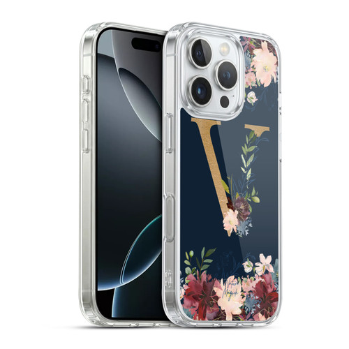 Nature Magick Floral Monogram Gold Navy 2 Letter V Soft Gel Case for Apple iPhone 16 Pro & MagSafe