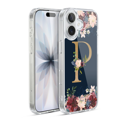 Nature Magick Floral Monogram Gold Navy 2 Letter P Soft Gel Case for Apple iPhone 17