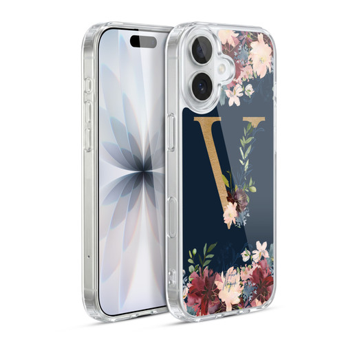 Nature Magick Floral Monogram Gold Navy 2 Letter V Soft Gel Case for Apple iPhone 17