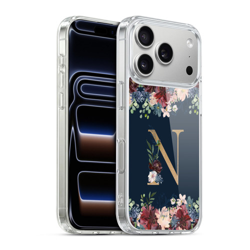 Nature Magick Floral Monogram Gold Navy 2 Letter N Soft Gel Case for Apple iPhone 17 Pro