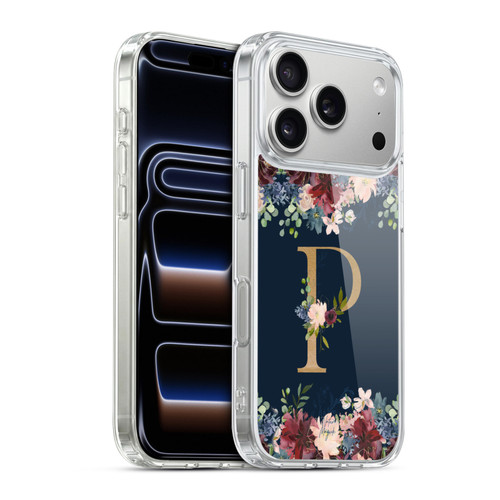 Nature Magick Floral Monogram Gold Navy 2 Letter P Soft Gel Case for Apple iPhone 17 Pro