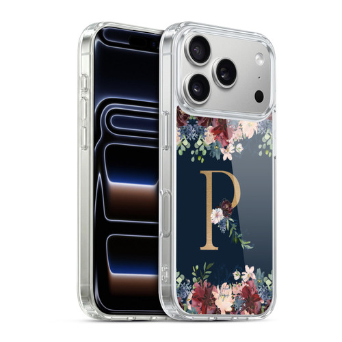 Nature Magick Floral Monogram Gold Navy 2 Letter R Soft Gel Case for Apple iPhone 17 Pro