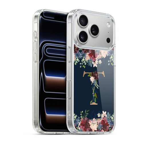 Nature Magick Floral Monogram Gold Navy 2 Letter T Soft Gel Case for Apple iPhone 17 Pro