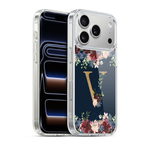 Nature Magick Floral Monogram Gold Navy 2 Letter V Soft Gel Case for Apple iPhone 17 Pro