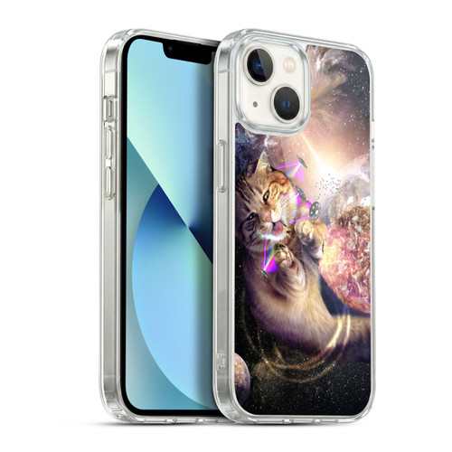 Random Galaxy Space Cat Reaching Big Pizza Soft Gel Case for Apple iPhone 13