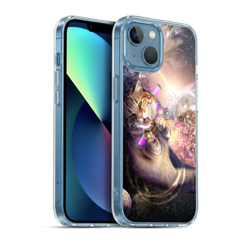 Random Galaxy Space Cat Reaching Big Pizza Soft Gel Case for Apple iPhone 13 Mini & MagSafe