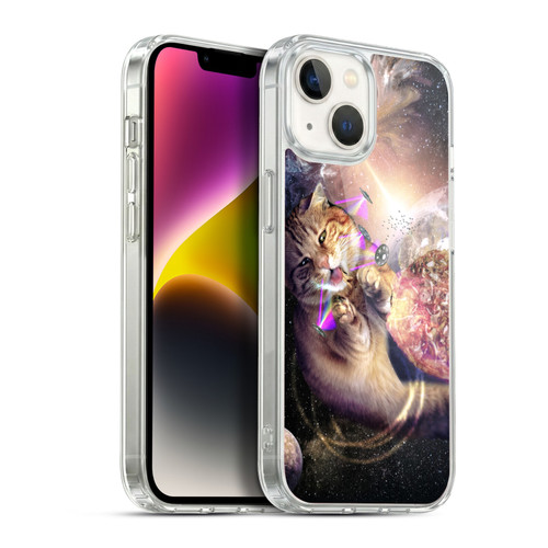 Random Galaxy Space Cat Reaching Big Pizza Soft Gel Case for Apple iPhone 14