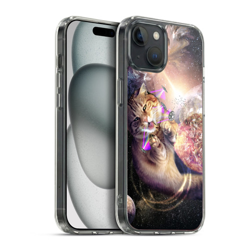 Random Galaxy Space Cat Reaching Big Pizza Soft Gel Case for Apple iPhone 15 Plus & MagSafe
