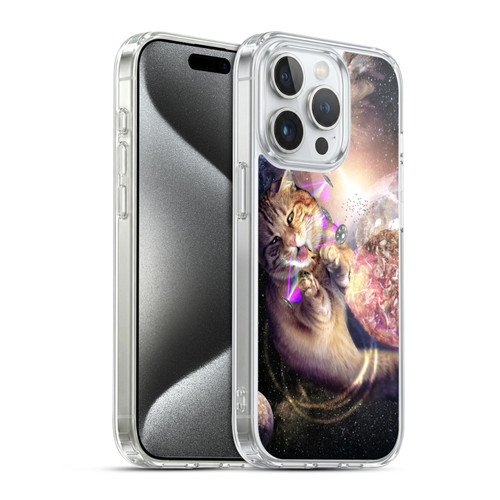 Random Galaxy Space Cat Reaching Big Pizza Soft Gel Case for Apple iPhone 15 Pro & MagSafe