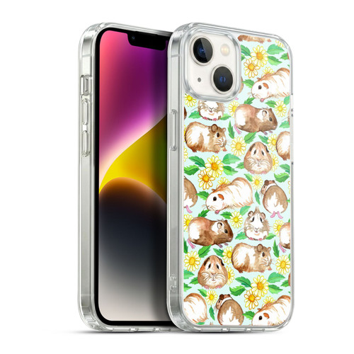 Micklyn Le Feuvre Patterns 2 Guinea Pigs And Daisies In Watercolour On Mint Soft Gel Case for Apple iPhone 14 Plus & MagSafe
