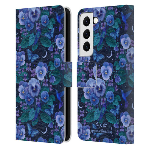 Episodic Drawing Florals & Serpents Violet Blue Flowers Leather Book Wallet Case Cover For Samsung Galaxy S22 5G