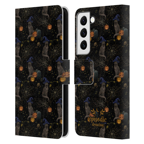 Episodic Drawing Spooky Patterns Cat's Halloween Hat Leather Book Wallet Case Cover For Samsung Galaxy S22 5G