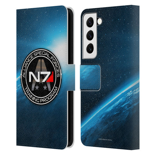 EA Bioware Mass Effect 3 Badges And Logos N7 Training Program Leather Book Wallet Case Cover For Samsung Galaxy S22 5G