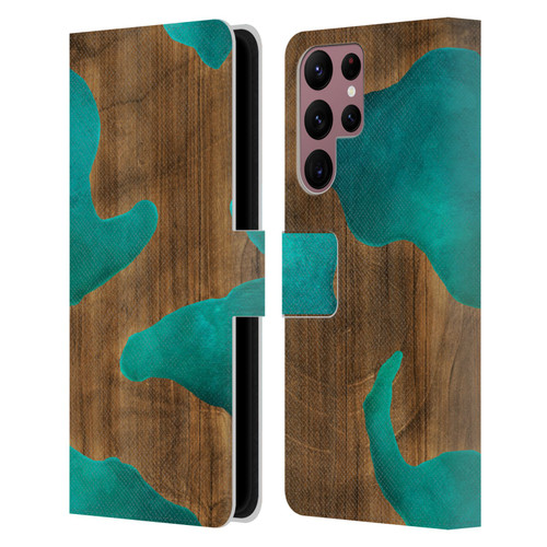 Alyn Spiller Wood & Resin Aqua Leather Book Wallet Case Cover For Samsung Galaxy S22 Ultra 5G