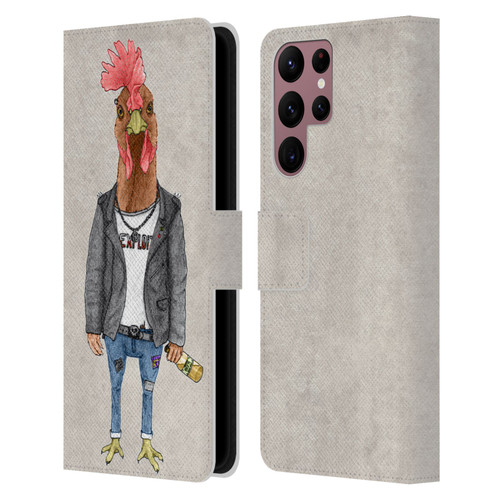 Barruf Animals Punk Rooster Leather Book Wallet Case Cover For Samsung Galaxy S22 Ultra 5G