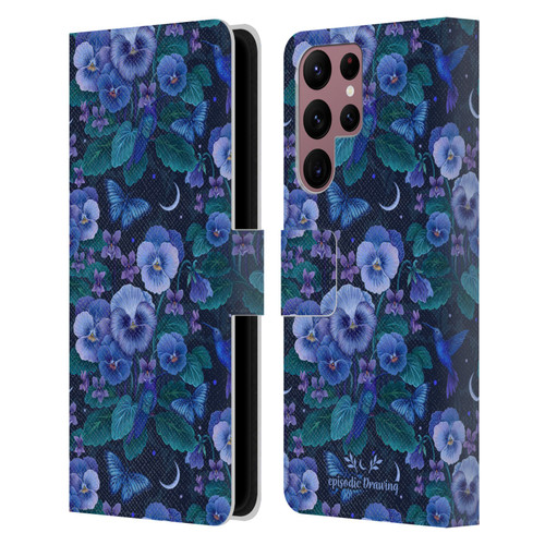 Episodic Drawing Florals & Serpents Violet Blue Flowers Leather Book Wallet Case Cover For Samsung Galaxy S22 Ultra 5G