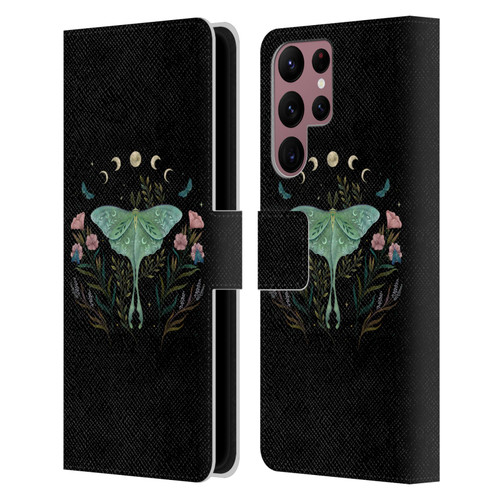 Episodic Drawing Illustration Animals Moth and Flowers Leather Book Wallet Case Cover For Samsung Galaxy S22 Ultra 5G