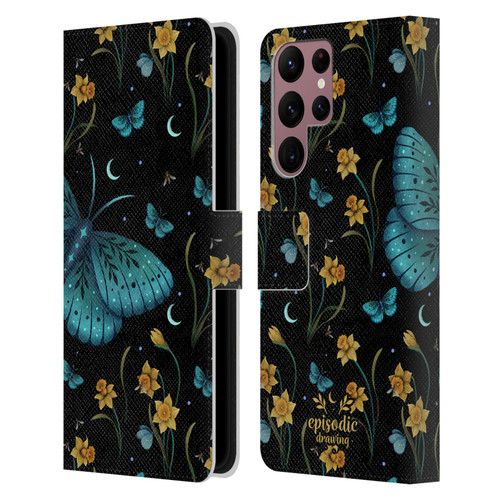 Episodic Drawing Moth Patterns Daffodil Flowers Leather Book Wallet Case Cover For Samsung Galaxy S22 Ultra 5G