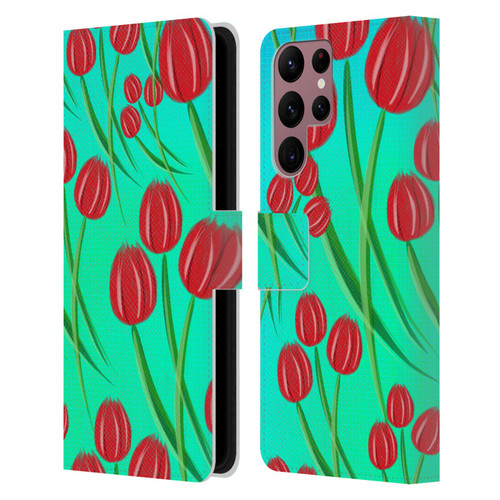 Grace Illustration Lovely Floral Red Tulips Leather Book Wallet Case Cover For Samsung Galaxy S22 Ultra 5G