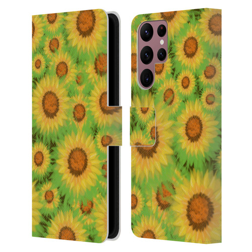 Grace Illustration Lovely Floral Sunflower Leather Book Wallet Case Cover For Samsung Galaxy S22 Ultra 5G