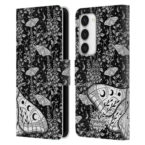 Episodic Drawing Moth Patterns White Leather Book Wallet Case Cover For Samsung Galaxy S23 5G