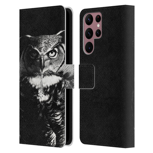 Stanley Morrison Black And White Great Horned Owl Leather Book Wallet Case Cover For Samsung Galaxy S22 Ultra 5G