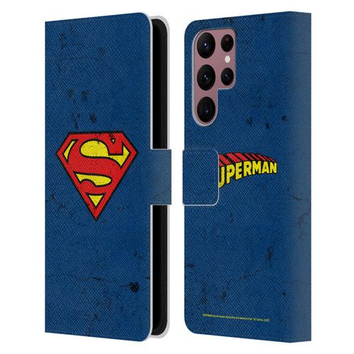 Superman DC Comics Logos Distressed Leather Book Wallet Case Cover For Samsung Galaxy S22 Ultra 5G