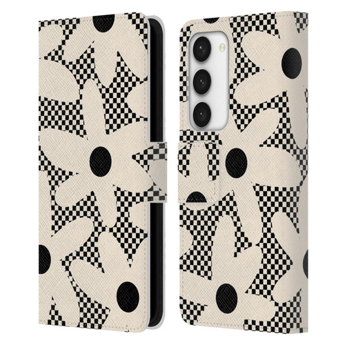 Kierkegaard Design Studio Retro Abstract Patterns Daisy Black Cream Dots Check Leather Book Wallet Case Cover For Samsung Galaxy S23 5G