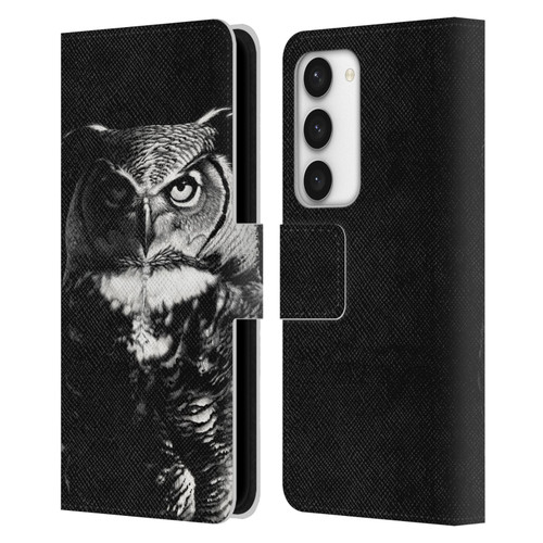Stanley Morrison Black And White Great Horned Owl Leather Book Wallet Case Cover For Samsung Galaxy S23 5G