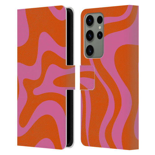 Kierkegaard Design Studio Retro Abstract Patterns Hot Pink Orange Swirl Leather Book Wallet Case Cover For Samsung Galaxy S23 Ultra 5G