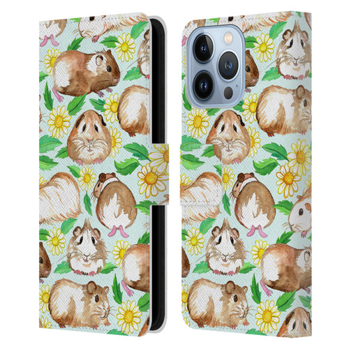 Micklyn Le Feuvre Patterns 2 Guinea Pigs And Daisies In Watercolour On Mint Leather Book Wallet Case Cover For Apple iPhone 13 Pro
