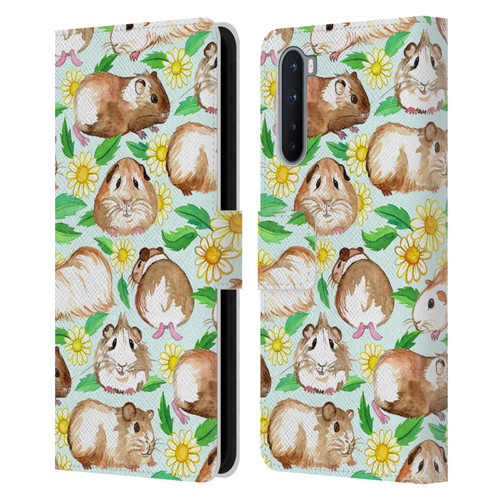 Micklyn Le Feuvre Patterns 2 Guinea Pigs And Daisies In Watercolour On Mint Leather Book Wallet Case Cover For OnePlus Nord 5G
