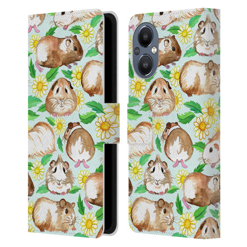 Micklyn Le Feuvre Patterns 2 Guinea Pigs And Daisies In Watercolour On Mint Leather Book Wallet Case Cover For OnePlus Nord N20 5G