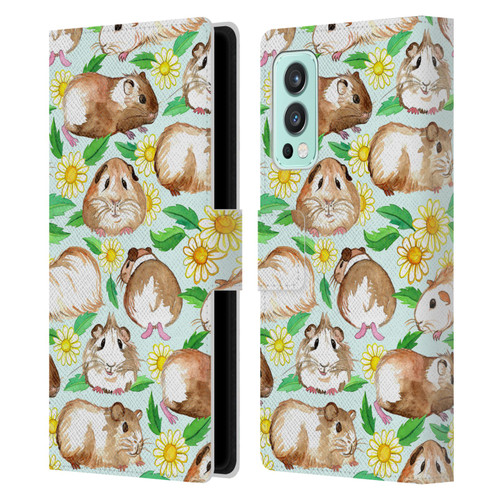 Micklyn Le Feuvre Patterns 2 Guinea Pigs And Daisies In Watercolour On Mint Leather Book Wallet Case Cover For OnePlus Nord 2 5G
