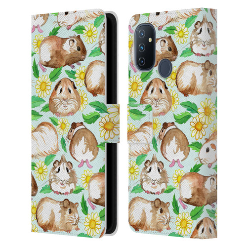 Micklyn Le Feuvre Patterns 2 Guinea Pigs And Daisies In Watercolour On Mint Leather Book Wallet Case Cover For OnePlus Nord N100