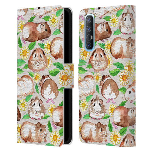 Micklyn Le Feuvre Patterns 2 Guinea Pigs And Daisies In Watercolour On Tan Leather Book Wallet Case Cover For OPPO Find X2 Neo 5G