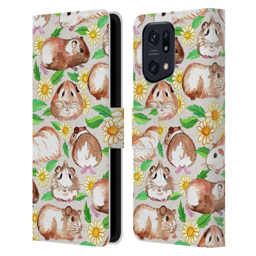 Micklyn Le Feuvre Patterns 2 Guinea Pigs And Daisies In Watercolour On Tan Leather Book Wallet Case Cover For OPPO Find X5 Pro