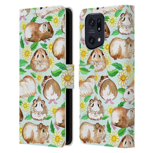 Micklyn Le Feuvre Patterns 2 Guinea Pigs And Daisies In Watercolour On Mint Leather Book Wallet Case Cover For OPPO Find X5 Pro