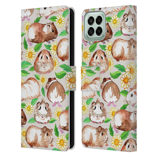 Micklyn Le Feuvre Patterns 2 Guinea Pigs And Daisies In Watercolour On Tan Leather Book Wallet Case Cover For Samsung Galaxy M53 (2022)