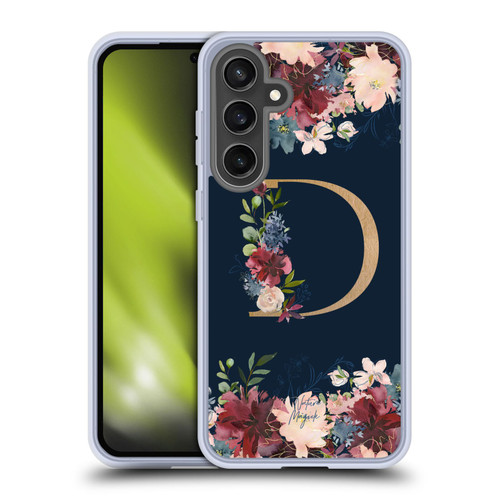 Nature Magick Floral Monogram Gold Navy Letter D Soft Gel Case for Samsung Galaxy S24 FE & MagSafe