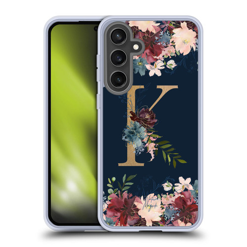 Nature Magick Floral Monogram Gold Navy Letter K Soft Gel Case for Samsung Galaxy S24 FE & MagSafe