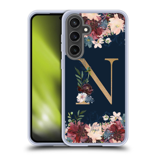 Nature Magick Floral Monogram Gold Navy 2 Letter N Soft Gel Case for Samsung Galaxy S24 FE & MagSafe
